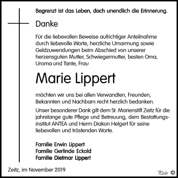 Traueranzeige von Marie Lippert von Super Sonntag Zeitz