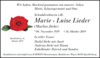 Traueranzeige von Marie-Luise  Lieder von Mitteldeutsche Zeitung Quedlinburg