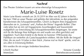Traueranzeige von Marie-Luise Rosetz von Wochenspiegel Mansfelder Land