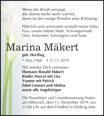 Traueranzeige von Marina Mäkert von Super Sonntag Köthen