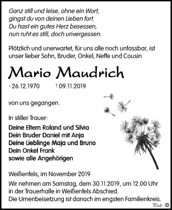 Traueranzeige von Mario Maucdrich von Wochenspiegel Weißenfels