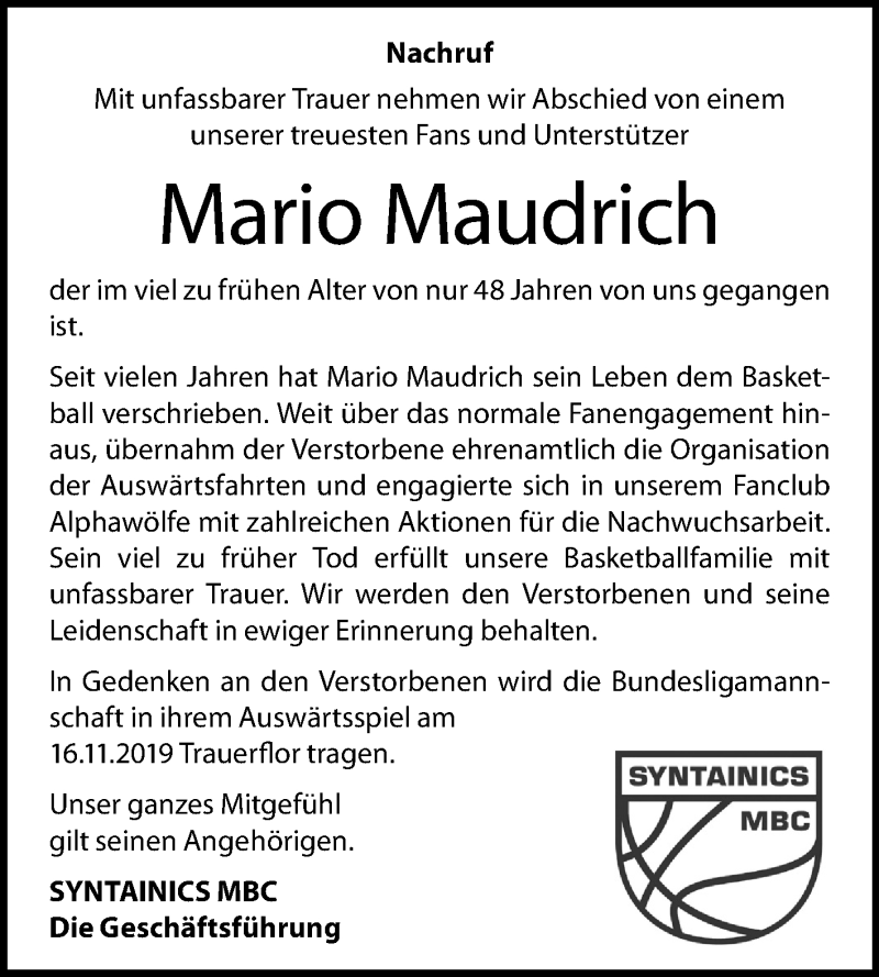  Traueranzeige für Mario Maudrich vom 16.11.2019 aus Mitteldeutsche Zeitung Weißenfels