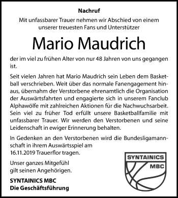 Traueranzeige von Mario Maudrich von Mitteldeutsche Zeitung Weißenfels