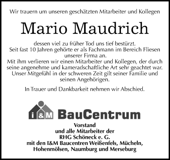 Traueranzeige von Mario Maudrich von Mitteldeutsche Zeitung Weißenfels