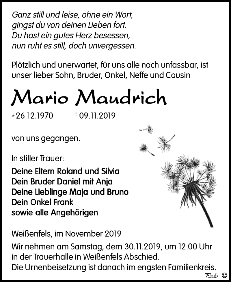  Traueranzeige für Mario Maudrich vom 16.11.2019 aus Mitteldeutsche Zeitung Weißenfels