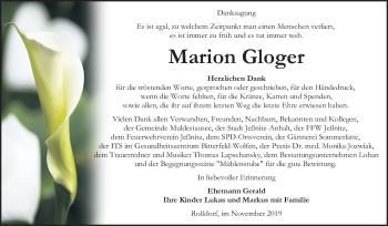 Traueranzeige von Marion Gloger von Wochenspiegel Bitterfeld