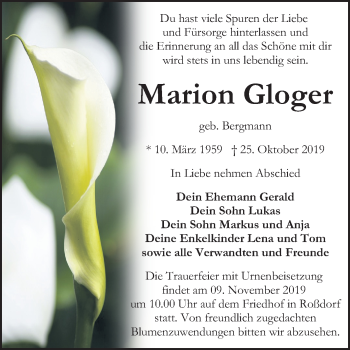 Traueranzeige von Marion Gloger von Wochenspiegel Bitterfeld