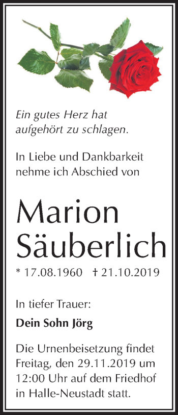 Traueranzeige von Marion Säuberlich von Mitteldeutsche Zeitung Halle/Saalkreis