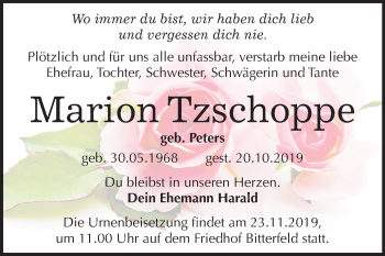 Traueranzeige von Marion Tzschoppe von Mitteldeutsche Zeitung Bitterfeld