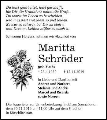 Traueranzeige von Maritta Schröder von Mitteldeutsche Zeitung Merseburg/Querfurt