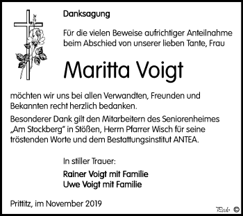 Traueranzeige von Maritta Voigt von Mitteldeutsche Zeitung Weißenfels