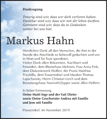 Traueranzeige von Markus Hahn von Wochenspiegel Bitterfeld