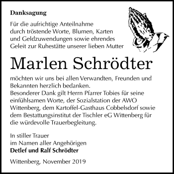 Traueranzeige von Marlen Schrödter von Super Sonntag Wittenberg