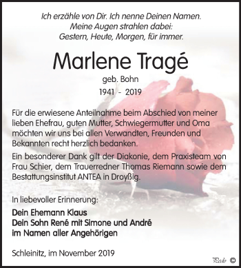 Traueranzeige von Marlene Tragé von Mitteldeutsche Zeitung Zeitz