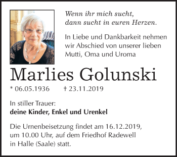 Traueranzeige von Marlies Golunski von Mitteldeutsche Zeitung Halle/Saalkreis