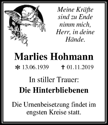 Traueranzeige von Marlies Hohmann von Mitteldeutsche Zeitung Dessau-Roßlau