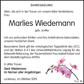 Traueranzeige von Marlies Wiedemann von Mitteldeutsche Zeitung Zeitz