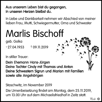 Traueranzeige von Marlis Bischoff von Mitteldeutsche Zeitung Zeitz