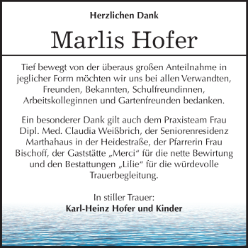 Traueranzeige von Marlis Hofer von Mitteldeutsche Zeitung Dessau-Roßlau