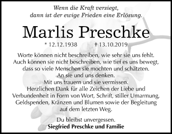 Traueranzeige von Marlis Preschke von Mitteldeutsche Zeitung Dessau-Roßlau
