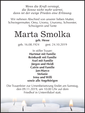 Traueranzeige von Marta Smolka von Super Sonntag Mansfelder Land