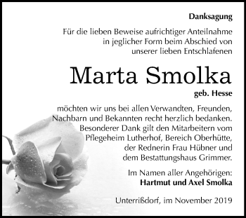 Traueranzeige von Marta Smolka von Mitteldeutsche Zeitung Mansfelder Land
