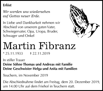 Traueranzeige von Martin Fibranz von Super Sonntag Zeitz
