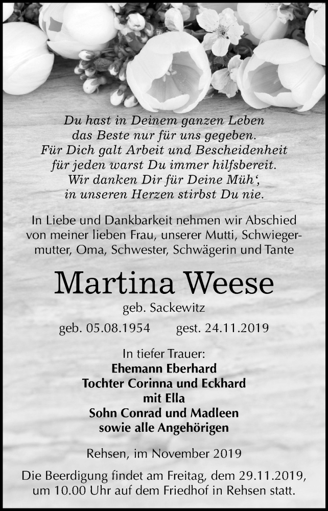  Traueranzeige für Martina Weese vom 27.11.2019 aus Mitteldeutsche Zeitung Wittenberg