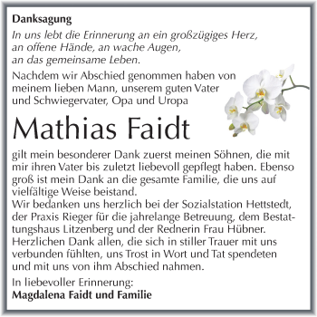 Traueranzeige von Mathias Faidt von Mitteldeutsche Zeitung Mansfelder Land