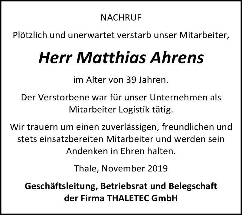  Traueranzeige für Matthias Ahrens vom 30.11.2019 aus Super Sonntag Quedlinburg