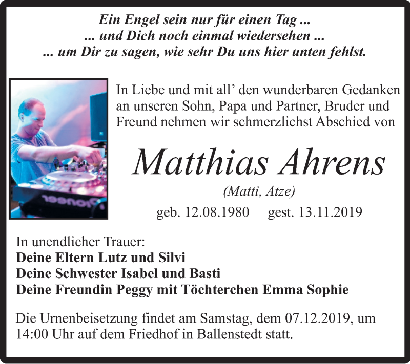  Traueranzeige für Matthias Ahrens vom 23.11.2019 aus Mitteldeutsche Zeitung Quedlinburg