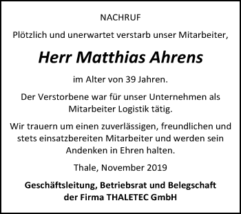 Traueranzeige von Matthias Ahrens von Super Sonntag Quedlinburg