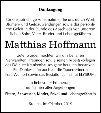 Traueranzeige von Matthias Hoffmann von Mitteldeutsche Zeitung Halle/Saalkreis