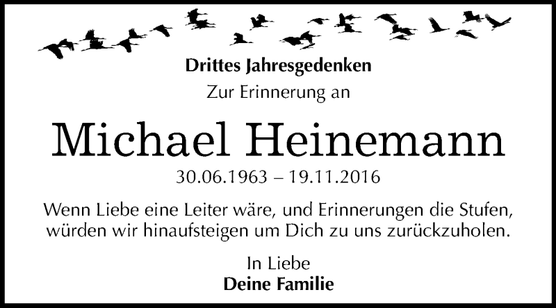  Traueranzeige für Michael Heinemann vom 16.11.2019 aus Super Sonntag Quedlinburg