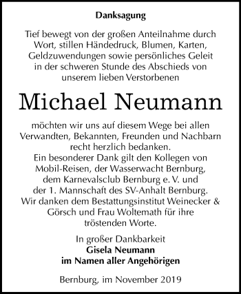 Traueranzeige von Michael Neumann von Mitteldeutsche Zeitung Bernburg