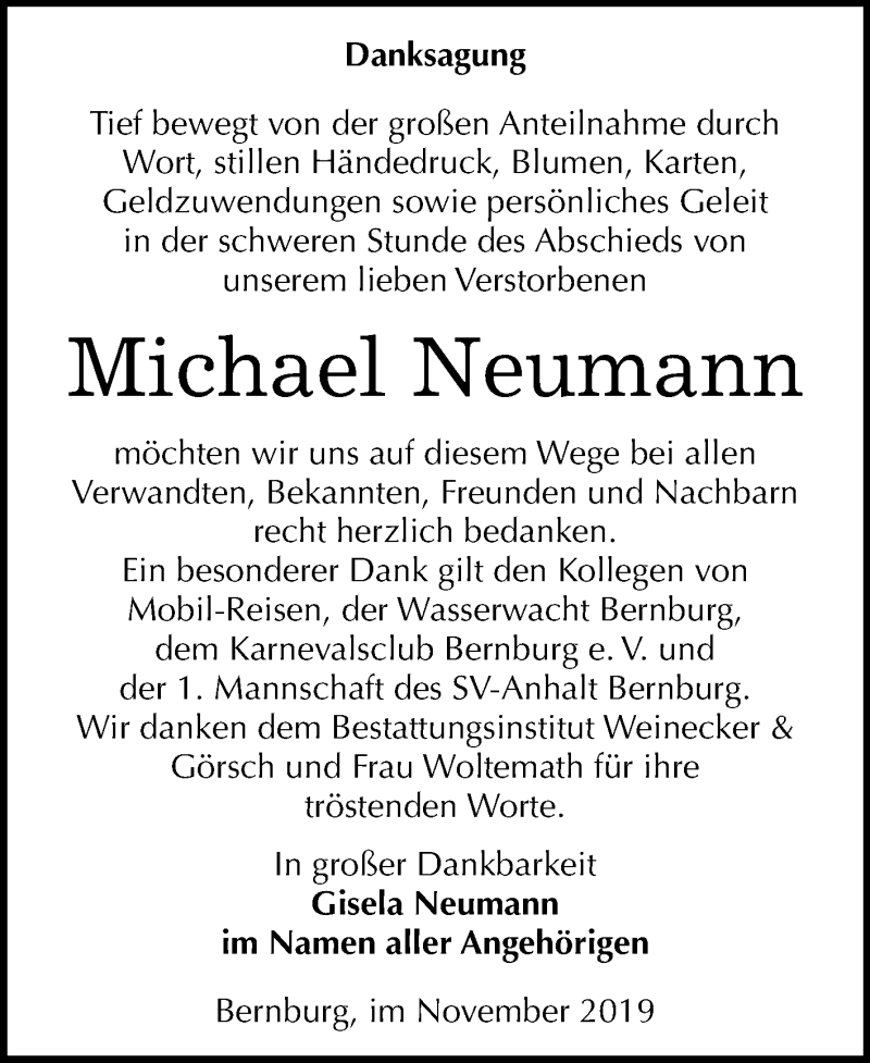  Traueranzeige für Michael Neumann vom 09.11.2019 aus Super Sonntag Bernburg