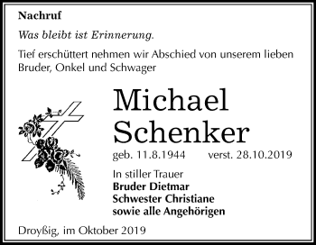 Traueranzeige von Michael Schenker von Mitteldeutsche Zeitung Zeitz