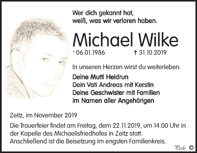  Traueranzeige für Michael Wilke vom 09.11.2019 aus Mitteldeutsche Zeitung Zeitz