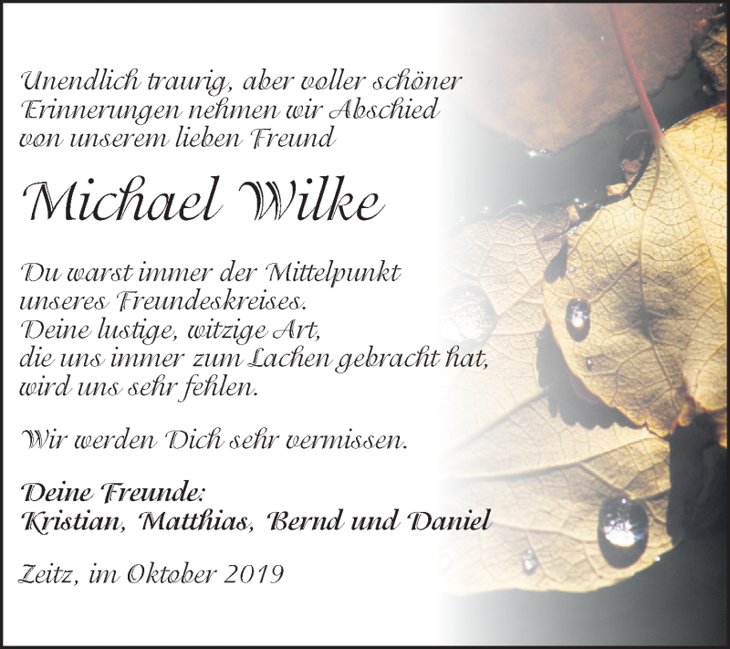  Traueranzeige für Michael Wilke vom 16.11.2019 aus Super Sonntag Zeitz