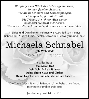 Traueranzeige von Michaela Schnabel von Super Sonntag Quedlinburg