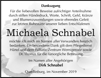 Traueranzeige von Michaela Schnabel von Mitteldeutsche Zeitung Quedlinburg