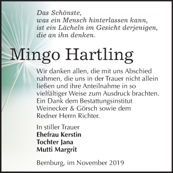 Traueranzeige von Mingo Hartling von Super Sonntag Bernburg