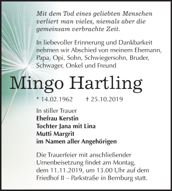 Traueranzeige von Mingo Hartling von Super Sonntag Bernburg