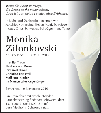 Traueranzeige von Monika Zilonkovski von Super Sonntag Sangerhausen