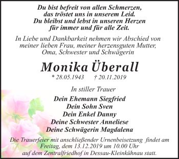 Traueranzeige von Monika Überall von Super Sonntag Dessau-Roßlau