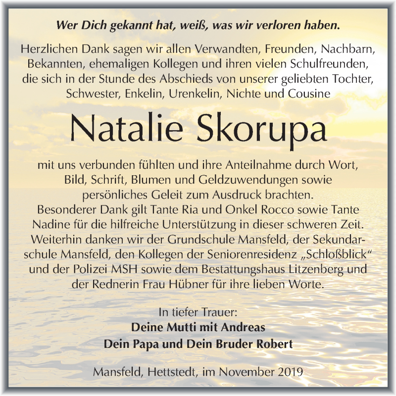  Traueranzeige für Natalie Skorupa vom 19.11.2019 aus Mitteldeutsche Zeitung Mansfelder Land