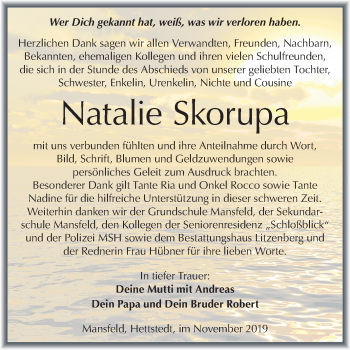 Traueranzeige von Natalie Skorupa von Super Sonntag Mansfelder Land