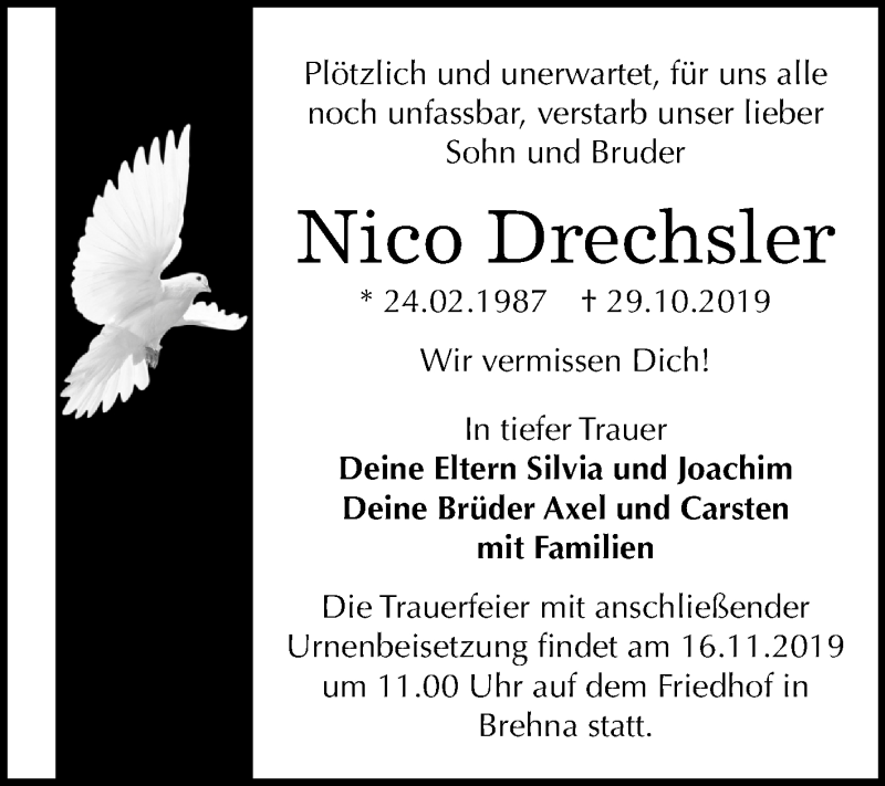  Traueranzeige für Nico Drechsler vom 09.11.2019 aus Mitteldeutsche Zeitung Bitterfeld