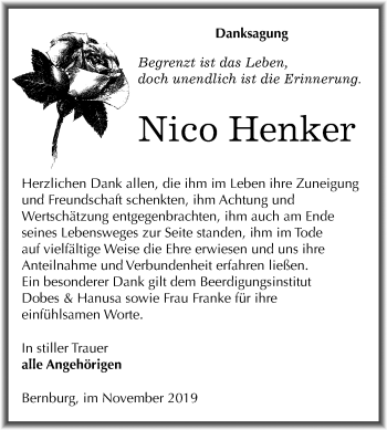 Traueranzeige von Nico Henker von Mitteldeutsche Zeitung Bernburg