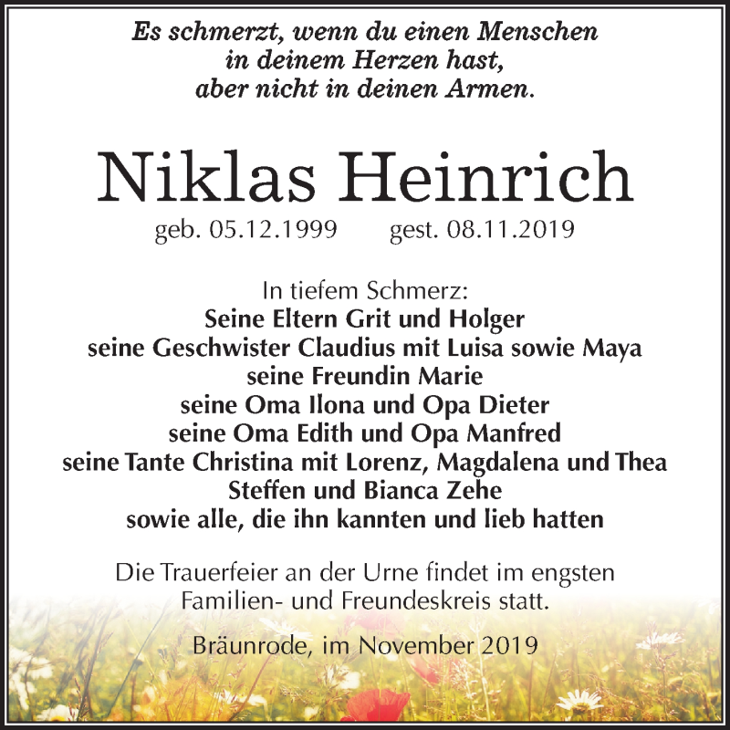  Traueranzeige für Niklas Heinrich vom 16.11.2019 aus Super Sonntag Mansfelder Land